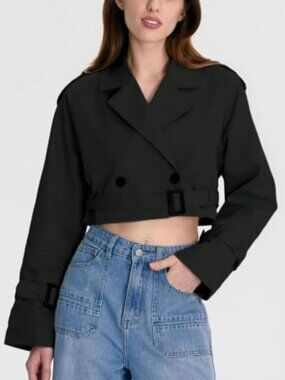 Xiaoxuemeng Women's Cropped Trench Coat Casual Double Breasted Wind coats Lapel